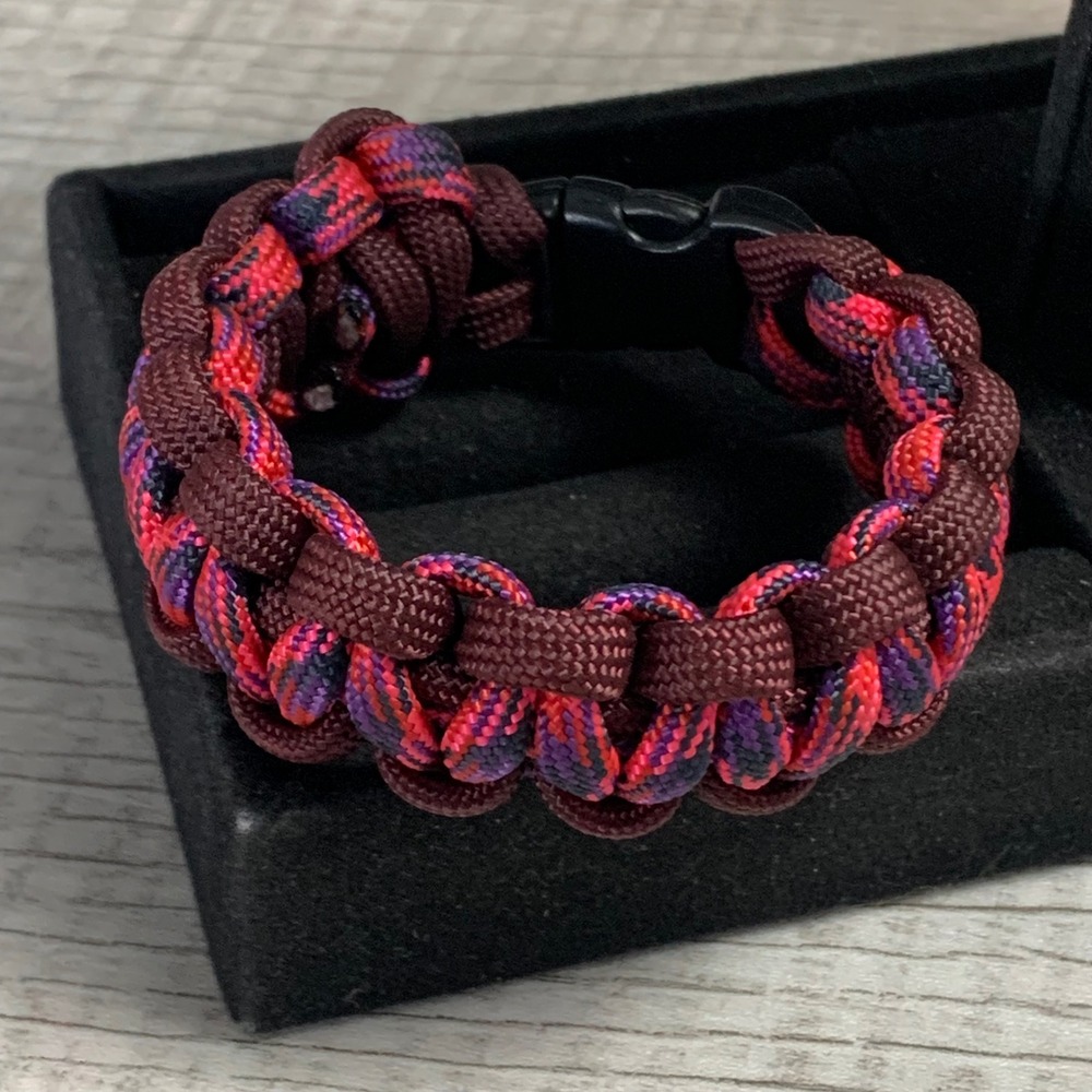 Burgundy and Red Paracord Survival Bracelet Cobra Weave 5.5 Inch